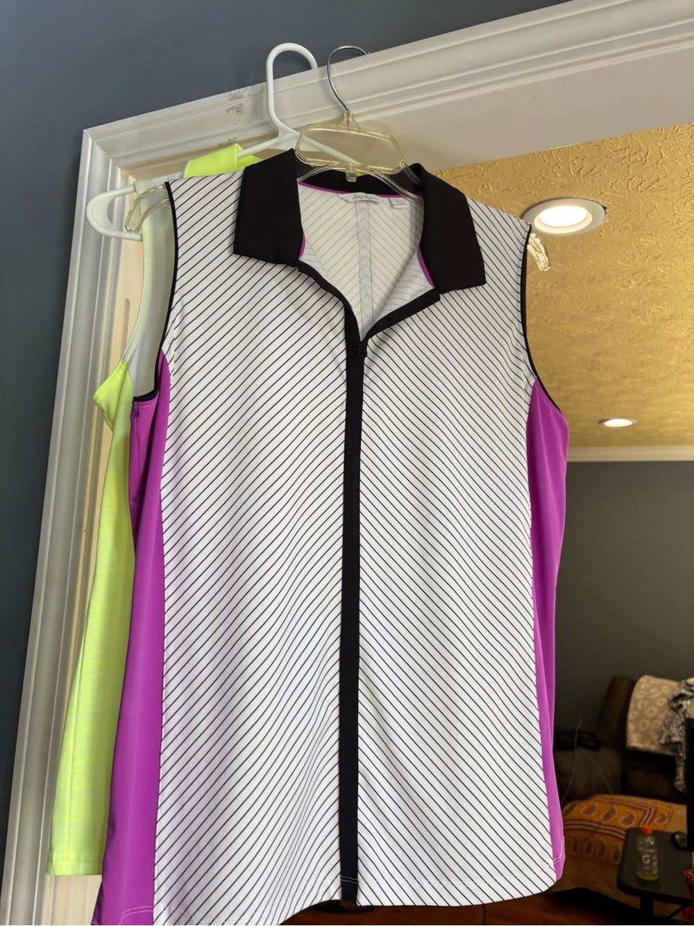 Sleeveless Stripe Polo Tank Top - White & Magenta